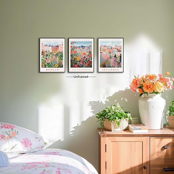 XLARTMY Flower Market Wall Art Prints Canvas Orange and Pink Floral Paintings Colorful Botanical Travel Flower Posters for Home Decor Pictures Set of 3 for Living Room Bedroom 12x16in Unframed