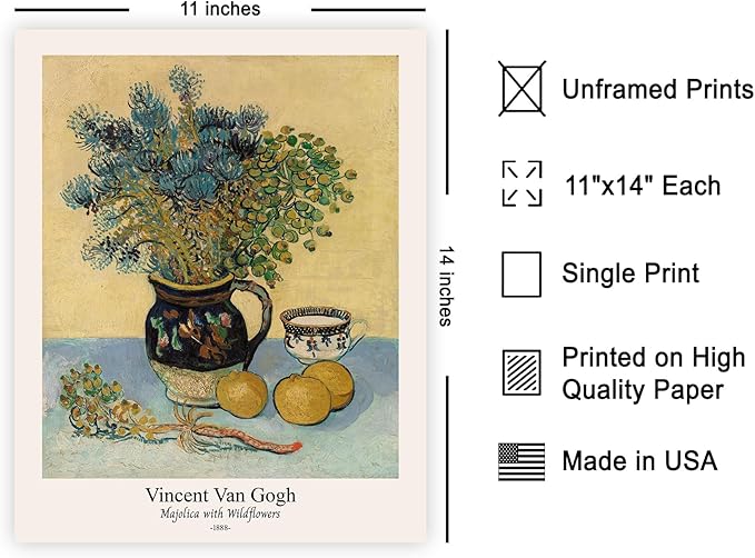 Monem Art Vintage Van Gogh Poster - Retro Majolica with Wildflowers Print - Impressionism Art - Flower Art - Fine Art - Classic Painting Art - Floral Living Room Decor - 11x14 UNFRAMED Wall Art
