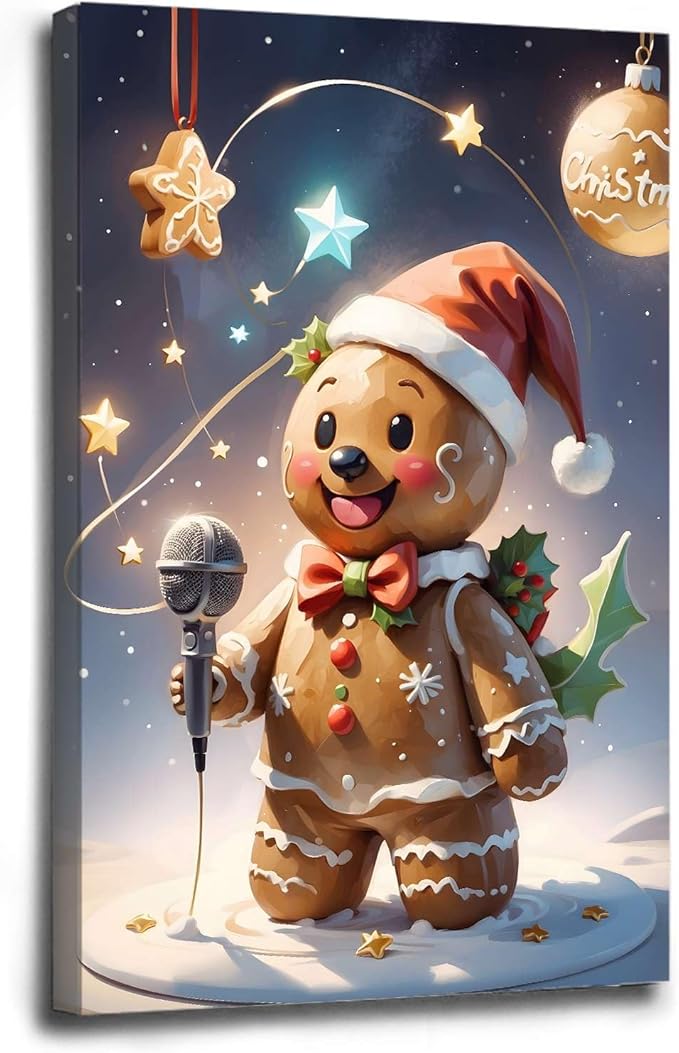 Framed Canvas Wall Art festive gingerbread character Funny Christmas Poster Trendy Christmas Decor 24x36in Wood Framed
