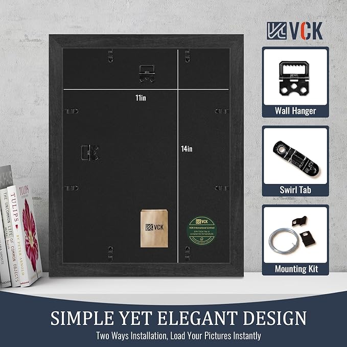 VCK 11x14 Picture Frames Black Set of 5, Wide Border Wood, Tempered Glass, Display 8x10 Photo with Mat or 11 x 14 without, for Home, Office, Gallery, Woodgrain Series, Wall Hanging