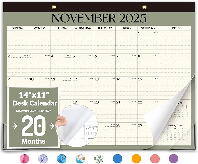 Forvencer Desk Calendar 2026, 20 Months Calendar, Nov. 2025-Jun. 2027, 14" x 11" Wall Calendar 2026 Monthly Planner with Plastic Cover & Stickers & Thick Paper for Office Home School Supplies, Green