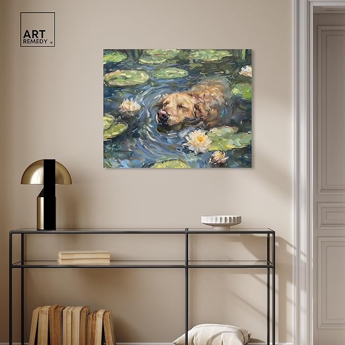 Art Remedy Monet Water Lilies Dog Rustic Chic Farmhouse Canvas Wall Art, Gallery Wrapped, 30"x24"