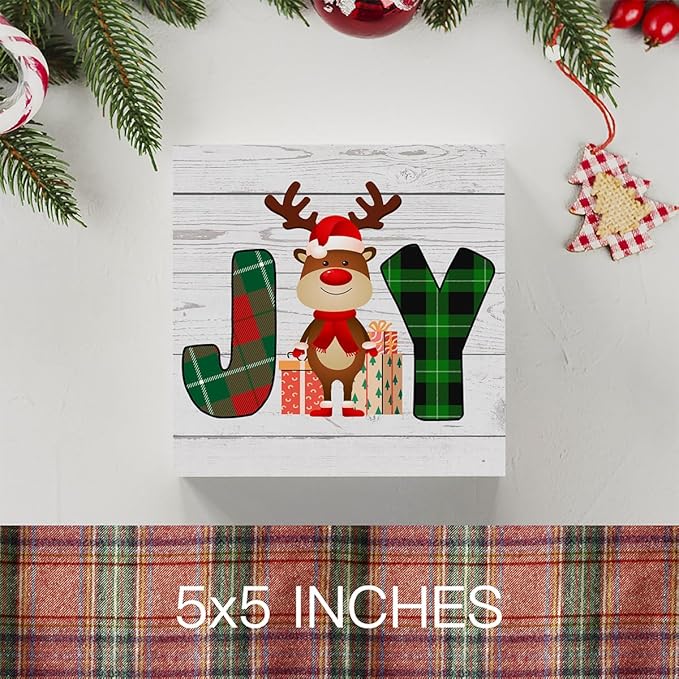 Rustic Winter Merry Christmas Joy Deer Wood Box Sign, Farmhouse Christmas Santa Artwork Decor, Wood Square Sign Desk Block Signs Home Shelf Office Decoration 5 x 5 Inches