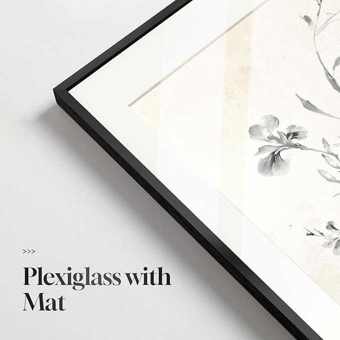 Framed Boho Vintage Botanical Wall Art, Set of 6 Black and White Floral Canvas Painting Prints with Mat for Farmhouse Living Room, Neutral Rustic Flower Artwork for Kitchen Bedroom Home Decor, 11x14