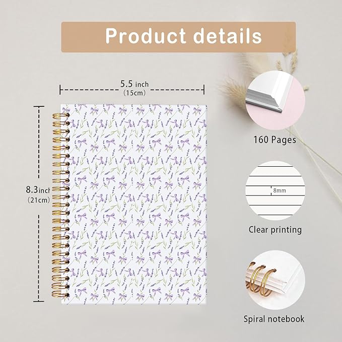MOFUYU Purple Spiral Preppy Notebook,Floral Journals,Purple Preppy School Supplies,Journal for Women,Cute School Supplies for Girls,Campus Notebook A5 Size 5.5x8.3