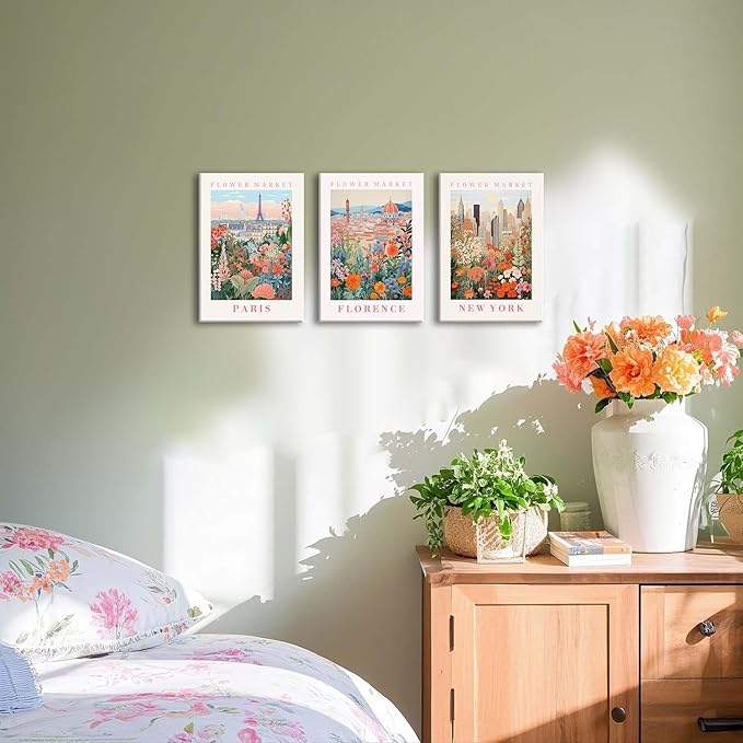 XLARTMY Flower Market Wall Art Prints Canvas Orange and Pink Floral Paintings Colorful Botanical Travel Flower Posters for Home Decor Pictures Set of 3 for Living Room Bedroom 12x16in