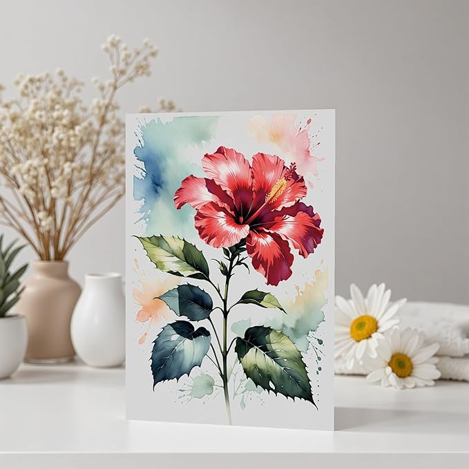 Elegant Blank Inside Greeting Card with Envelope, 5x7 Inch Watercolor Hibiscus Card – All Occasion, Birthday, Sympathy, Thank You - Single Card