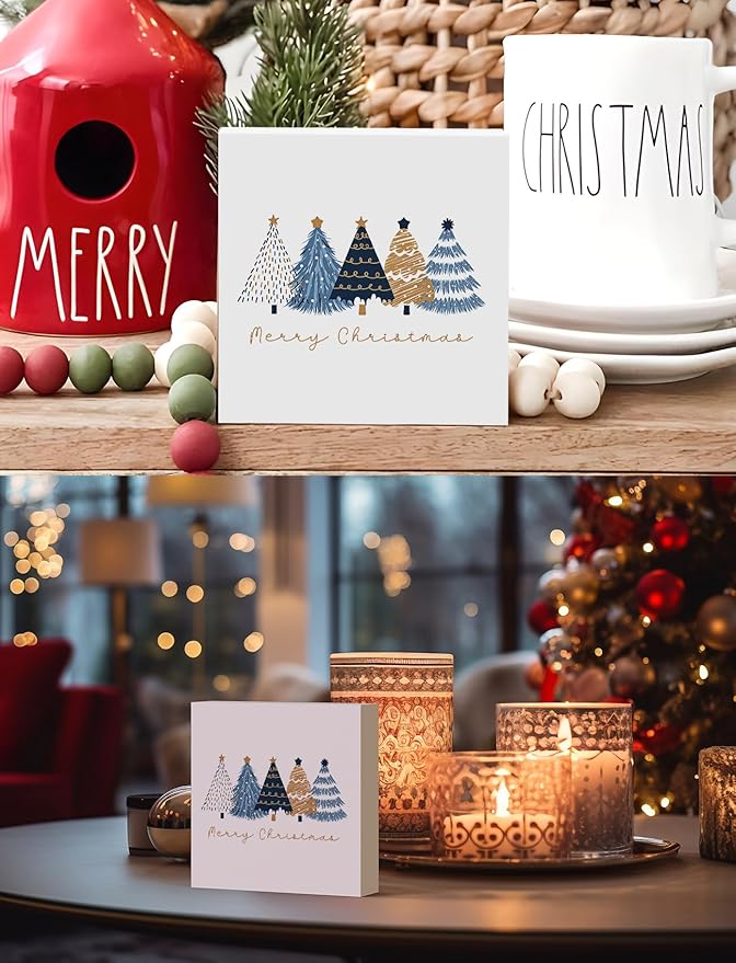 Navy Blue and Gold Christmas Tree Wooden Box Sign, Preppy Christmas Desk Decor, Merry Xmas Tree Winter Holiday Wood Signs for Home Office Desk Shelf Tabletop Decor,Decorative Signage 5x5 Inch