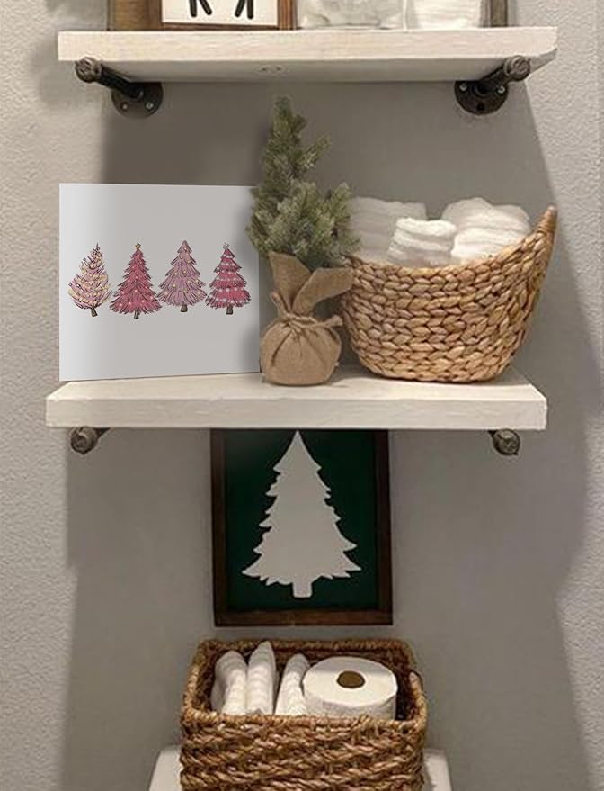 Preppy Pink Christmas Tree Wooden Box Sign, Pink Christmas Decorations, Glitter Xmas Tree Holiday Wood Signs for Home Office Desk Shelf Tabletop Decor, 5x5 Inch Decorative Signage