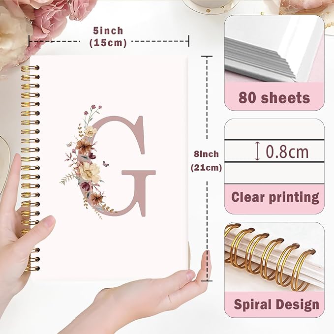 Lacama Pink monogram G notebook Journal, Aesthetic Wildflower Personalized Spiral Notebook, Customized Monogrammed Gifts, Birthday Gifts for Women, School Supplies, Office Supplies 5.5x8.3