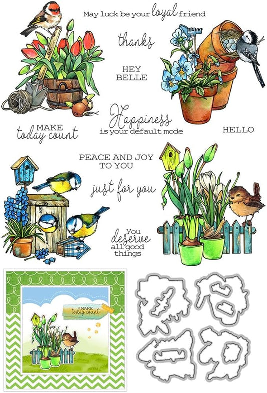 Flowers Birds Fence Stamps and Cutting Dies for Card Making DIY Transparent Silicone Clear Stamp and Metal Die Cuts Sets for Scrapbooking Paper Greeting Cards Decor Seals Craft Supplies