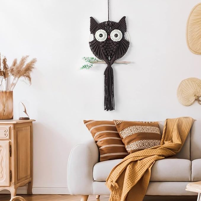 MVSUTA Owl Chocolate Cotton Handmade Macrame Wall Hanging Tapestry Home Decor Art and Bronze Craft Wonderful Decoration Woven Boho Ornament for Office Bedroom Apartment Living Room Nursery Gallery,1pc