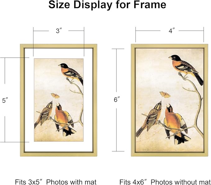 4x6 Picture Frame, Brass Metal Photo Frames with HD Glass, Fits 3x5 with Mat or 4 x 6 without Mat, Display for Wall and Table, 1 Pack