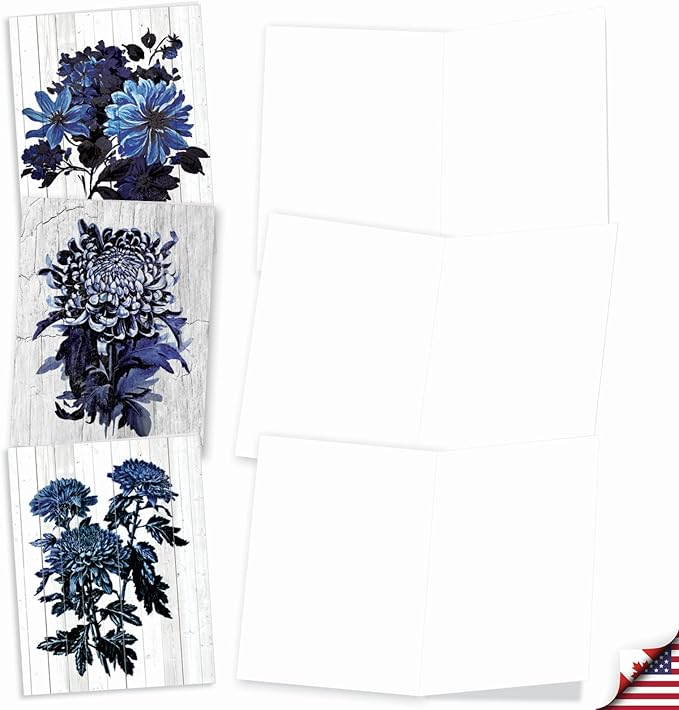 The Best Card Company - 10 Blank Note Cards with Envelopes (4 x 5.12 Inch) - Bulk All Occasion Cards Boxed - Driftwood Indigo Flowers AM6825OCB-B1x10