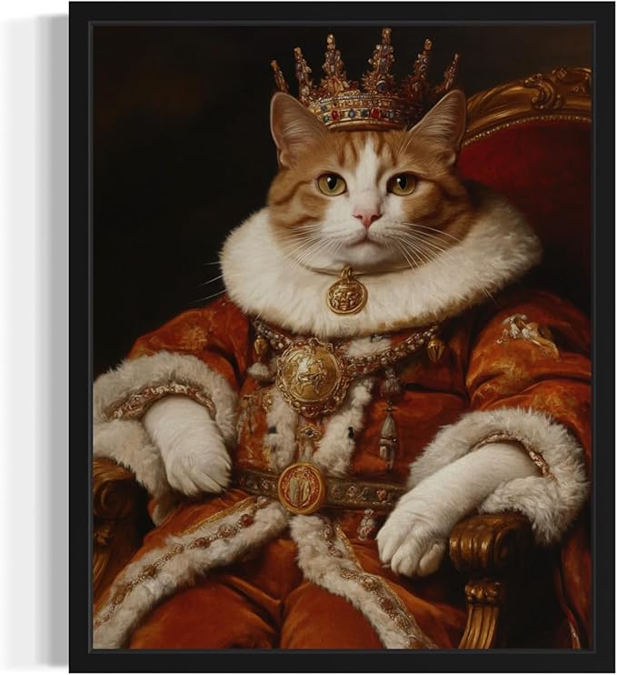 King Cat Portrait Art Poster Print, Cat Kitten Painting Humor Portrait Pet Artwork Decor Gallery A8 (King Cat, 8 x 10 inches, Black Frame)