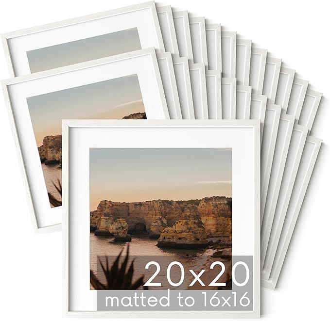 HAUS AND HUES White Oak Wood 20x20 Picture Frames - Set of 25, Square Frames with Mat, Modern White Frames for Posters and Artwork (20x20 in, White, Set of 25)