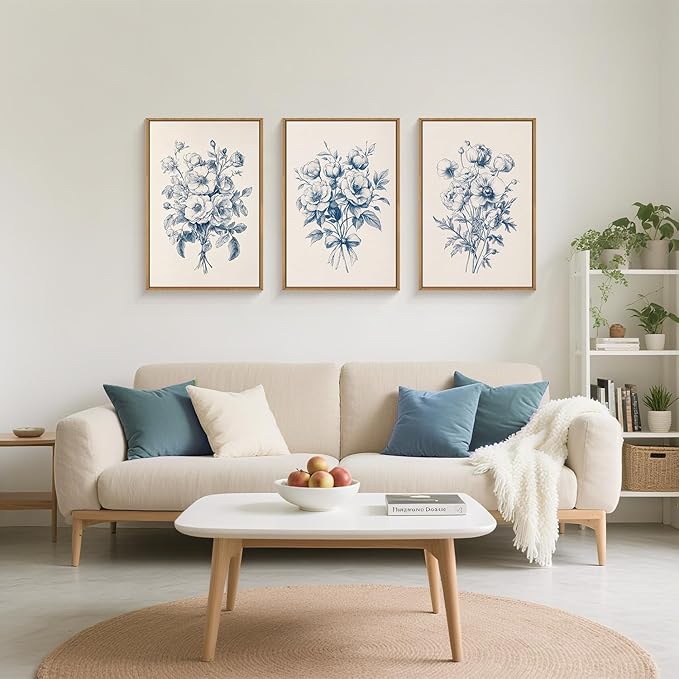 KAIRNE Blue Floral Wall Art Set of 3, Vintage Botanical Flower Framed Canvas Prints, Blue and White Chinoiserie Flower Artwork Decor for Living Room, Bedroom, Office - 24×36 inch