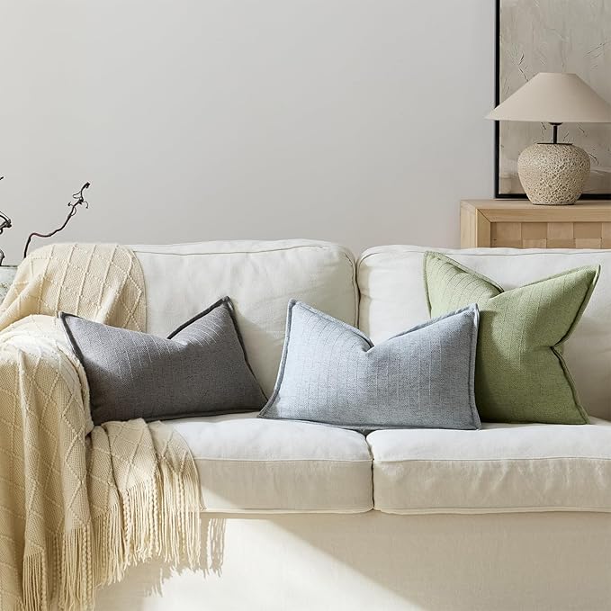 24x24 Linen Pillow Covers Sage Green Pack of 2 Farmhouse Boho Neutral Accents Striped Textured Square Decorative Throw Pillow Cases for Living Room Couch Bed Home Decor