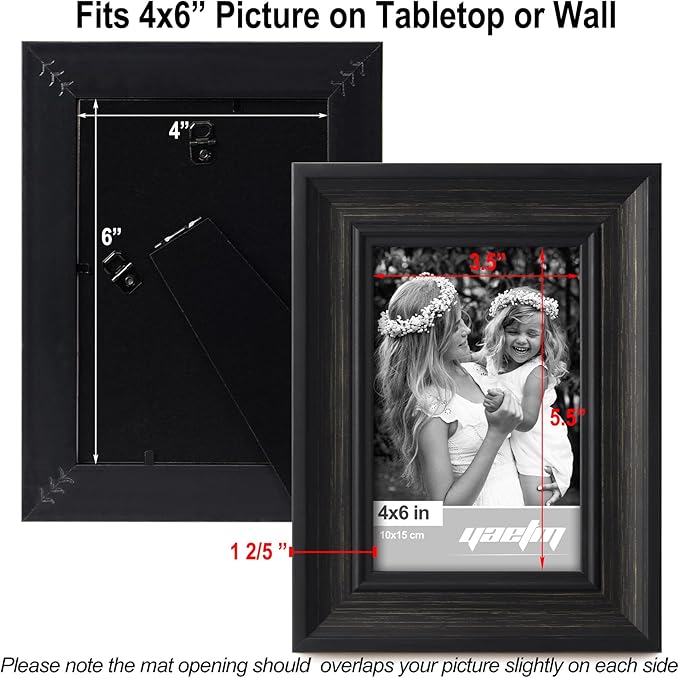 Yaetm Black 4x6 Picture Frame Set of 4, 1.4” Wide Molding & Distressed Black Photo Frames with HD Tempered Glass, Display on Tabletop & Wall Mounting