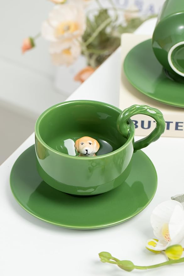 DIHOclub Ceramic Coffee Mug With Saucer 3D Dog Sculpture With Tail Handle - Elegant Office & Gift-Ready Tea Cup for Pet Lovers, Birthday, Christmas (Green Dog)
