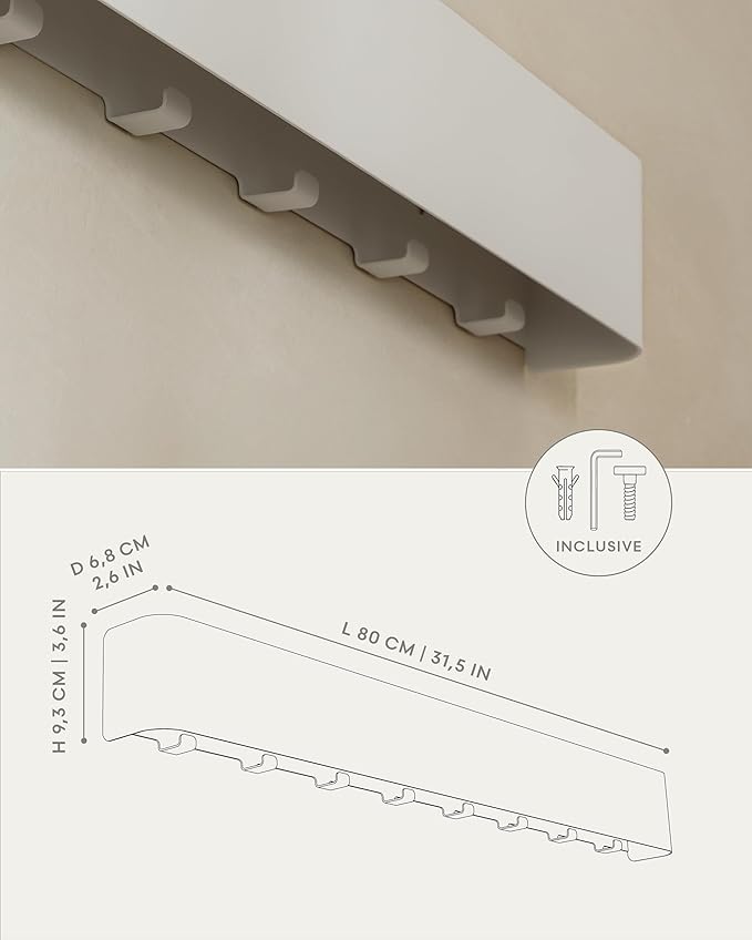 Kazai.®️ Coat Rack Wall Mount with Shelf 'Tone' | Modern Design Coat Hanger with Hidden Hooks and Storage | Hat Rack with Shelf in Metal | Wall-Mounted Purse Organizer | White