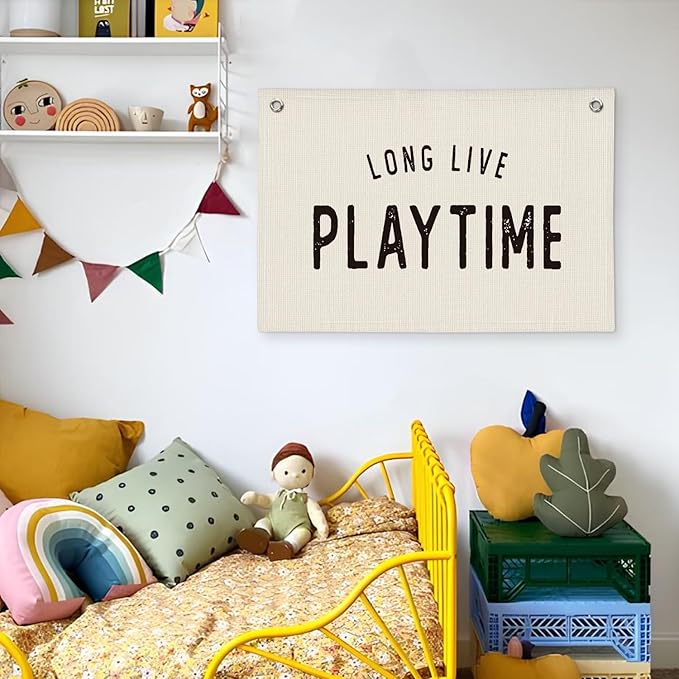 Long Live Playtime Linen Banner Wall Hanging Canvas Flag Decor for Toddler Boy Kids Room Nursery Playroom