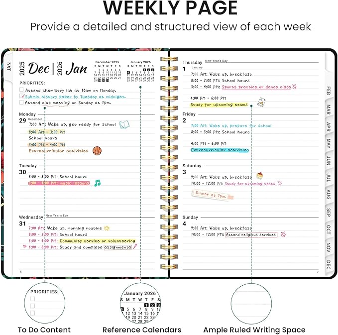 2026 Planner, Weekly and Monthly Calendar Planner for Women, Jan 2026 - Dec 2026, Hardcover Planning Agenda book with Tabs, Spiral Bound, Inner Pocket, Perfect for School Office Supplies, 6.3" x 8.5" - Radiant Petals