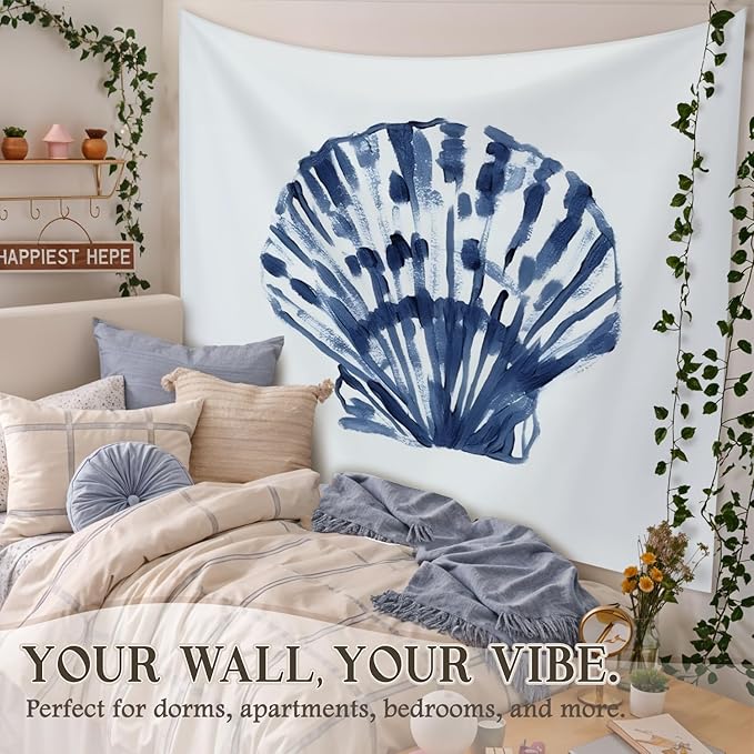STHTTSW Coastal Tapestry, Coastal Room Decor Tapestries Wall Blanket, Blue Beachy Scallop Shell Seashell Wall Hanging Decor for Dorm Bedroom 50x60 Inch