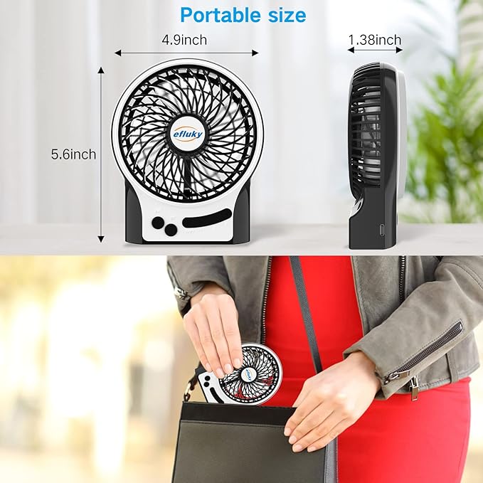 efluky 3-Speed Mini Desk Fan with LED Light, Portable USB Fan Quiet for Home, Office, Travel, Camping, Outdoor, Indoor, 4.9-Inch, White