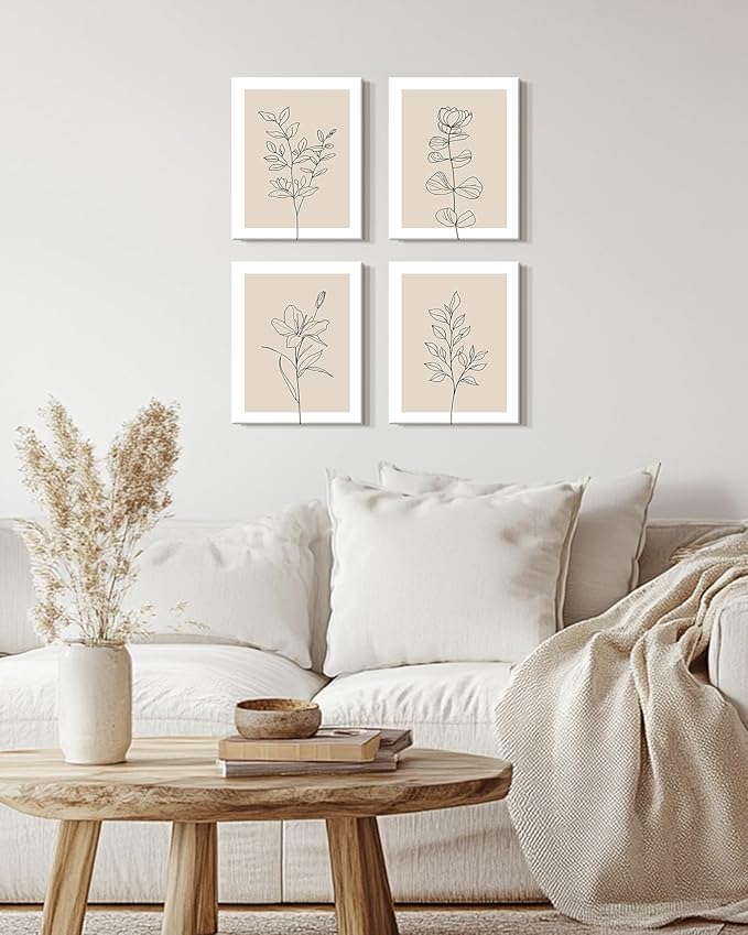 Drsoum Botanical Boho Framed Wall Art Wooded Minimalist Aesthetic Flower Prints Farmhouse Retro Plants Rustic Bathroom Kitchen Home Decor Ready to Hang 8x10inx4pcs (Framed)