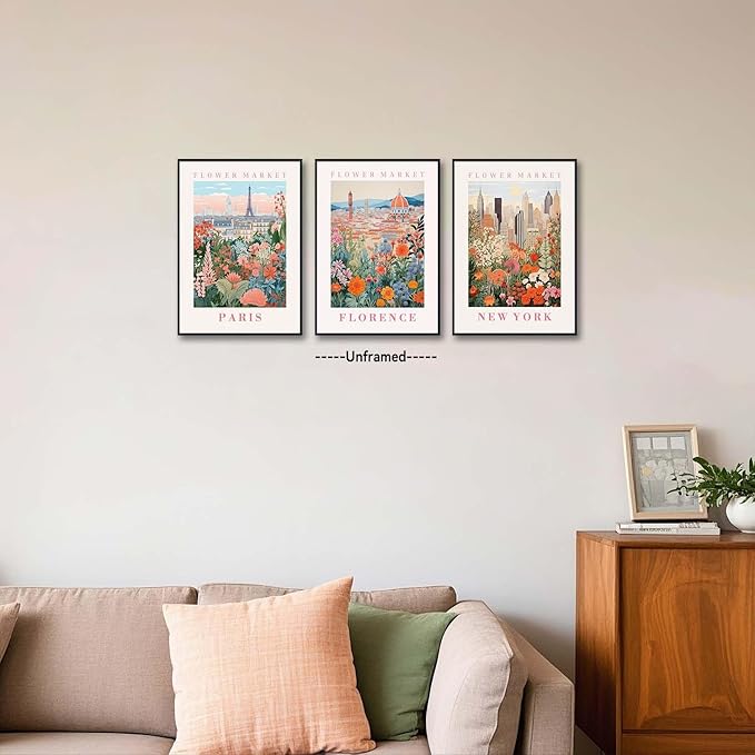 XLARTMY Flower Market Wall Art Prints Canvas Orange and Pink Floral Paintings Colorful Botanical Travel Flower Posters for Home Decor Pictures Set of 3 for Living Room Bedroom 16x24in Unframed