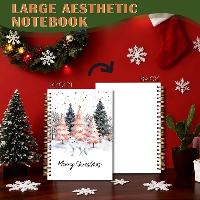 Exqcom Christmas Tree Arctic Fox Spiral Notebook Gifts, Winter Christmas Journal for Women, Snowy Forest Animals Xmas Hardcover Notebook Journal Office School Supplies, 5.5x8.3 Inch