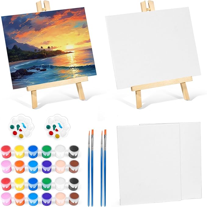 Acrylic Paint Set with 2 PCS 11.8In Easel & 4 PCS 8X10In Canvas, Painting Canvas Panel with Easel, Art Canvas Painting Kit with Brushes & Paint Trays for Kids Teenagers Acrylic Oil Water Color Gift