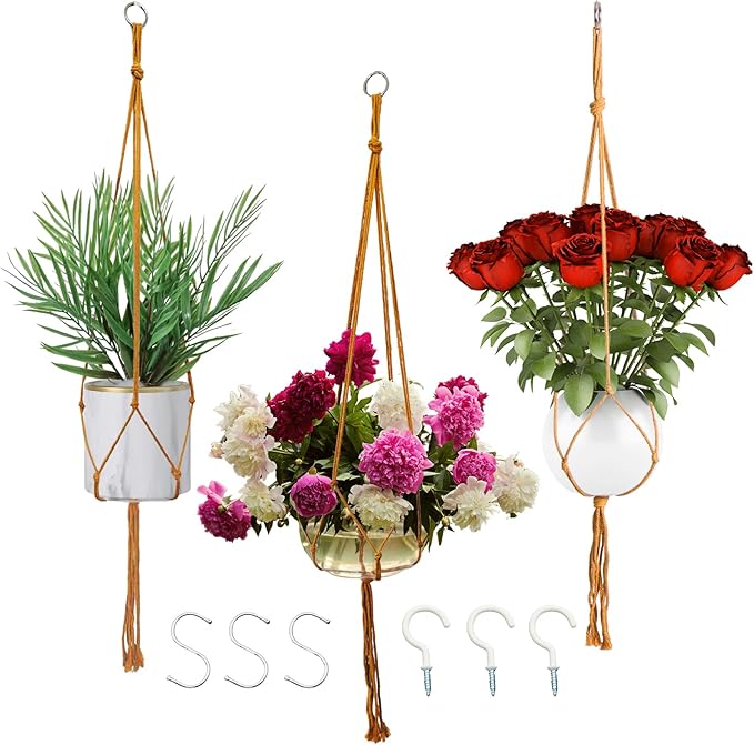 Macrame Plant Hangers Planter Flower Pots Holder 3 Pack Basket Stand Tassels with 6 Hooks Kit Cotton Rope for Decorative Indoor Outdoor Patio Garden Boho Home Décor (POTS NOT Included) (BROWN)