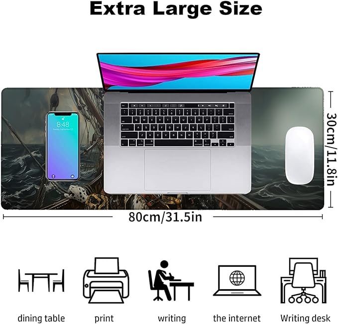 Pirate Dalmatian Gaming Mouse Pad, Office Desk Mat, Anti-Slip Rubber Base Cool Aesthetic Mouse Pads for Computer Laptop Keyboard School Home Desktop Gamer Home Accessories Decor 31.5" x 11.8"