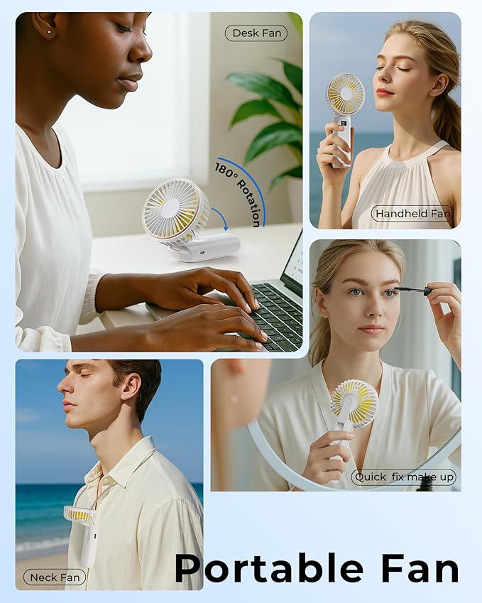 Portable Handheld Fan, Portable Fan Rechargeable, 4000mAh, 180° Adjustable, 6 Speed Wind, Display Electricity in Real Time, USB Rechargeable Foldable F an, Quiet Personal Fan with Power Bank