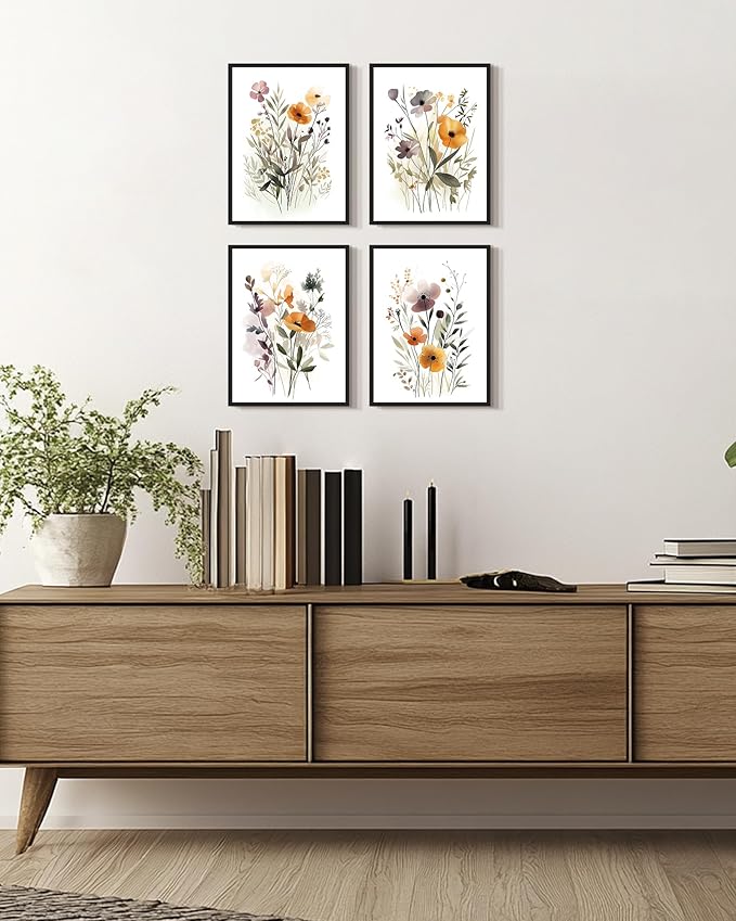 Drsoum Wildflower Bouquet Boho Framed Wall Art Wooded Minimalist Aesthetic Botanical Flower Prints Modern Plants Bathroom Kitchen Home Decor Ready to Hang 11x14inx4pcs (Black Framed)