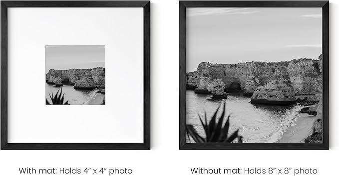 HAUS AND HUES 8x8 Black Metal Picture Frames Matted to 4x4 - Features Premium Aluminum & Hanging Hardware, Shatterproof Plexiglass - Ideal for Home, Room, Office (8x8 in, Black, Set of 3)
