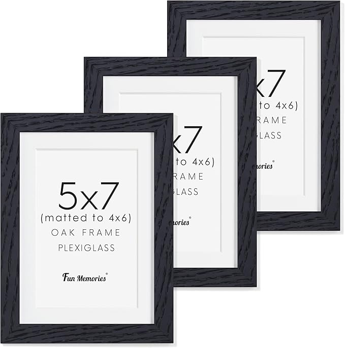 5x7 Picture Frame, Solid Oak Wood 5 x 7 Frame with Plexiglass, 5 by 7 Photo Frame for Wall & Tabletop Display, 5x7 Picture Frame Matted to 4x6, Black Color, 3 Pack