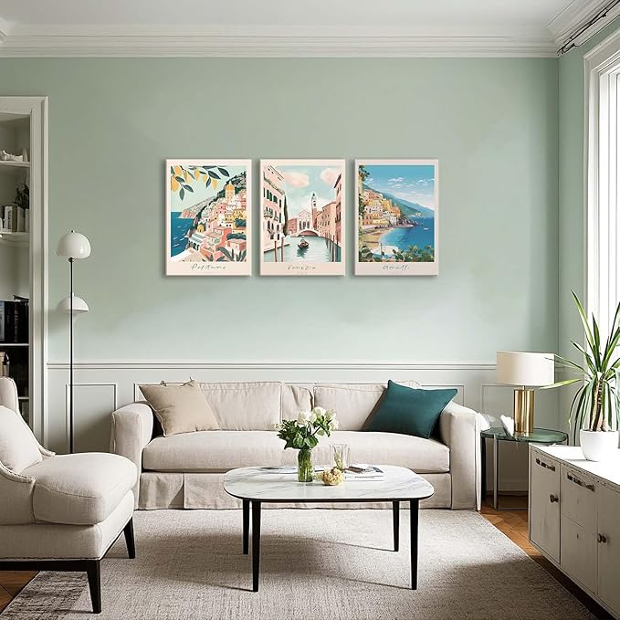 XLARTMY Italy Amalfi Coast Travel Posters Wall Art Framed Canvas Decor City Landscape Blue Venice Coast Painting Beach Modern Artwork for Living Room Bedroom Bathroom Office Set of 3 12x16in