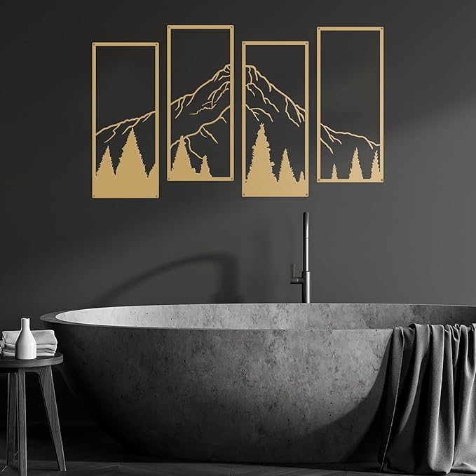 ruelen 4 Pcs Metal Mountain and Forest Wall Decor Line Drawing Wall Art Abstract Minimalist Wall Decor Rustic Nature Home Wall Art Sculpture for Home Office Bedroom Bathroom Living Room (Gold, Small)