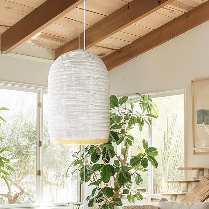 plug in pendant light E26 base 20 inch Japandi Linen & Bamboo Pendant Light Beige fabric lamp for Zen Bedroom, Scandinavian Living Room, Window Display, Minimalist Home Gift