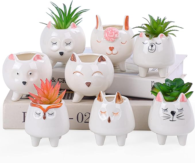 ARTKETTY 8 Pcs Succulent Pots with Drainage, Small Cartoon Animal Planters Ceramic Planter Pot for Indoor Cactus Plants Mini Cute Flower Plant Container for Desk Windowsill Decoration