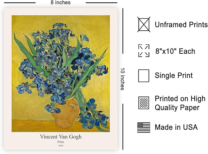 Monem Art Vintage Van Gogh Poster - Retro Irises Print - Flowers in Vase Art - Impressionism Art - Floral Art - Fine Art - Classic Painting Art - Living Room Wall Decor - 8x10 UNFRAMED Wall Art