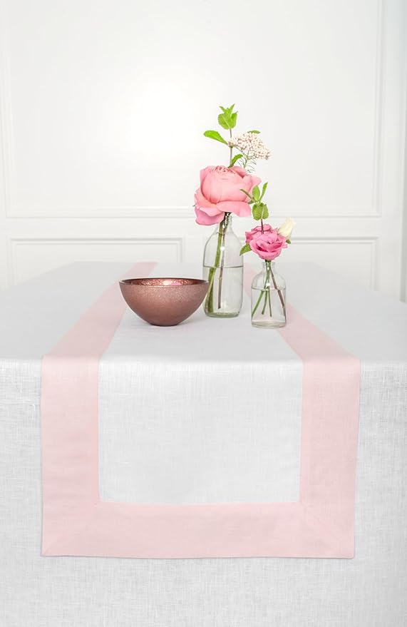 Solino Home Linen Table Runner 48 Inches - 100% Pure Linen Blush Pink and White Table Runner 14 x 48 Inch Ideal for Dresser and Coffee Tables, Valentines, Spring, Easter - Contempo
