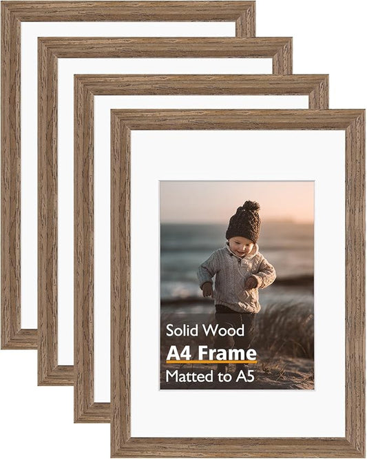 KINLINK A4 Picture Frame, Brown Wood Solid Wood Frames with Acrylic Plexiglass for Pictures A5 with Mat or A4 without Mat, Tabletop and Wall Mounting Display 4 Pack