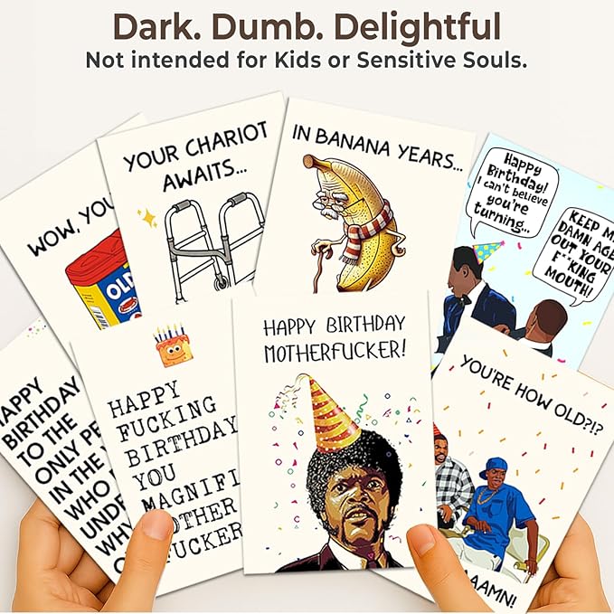 Funny Birthday Cards for Adults – Hilarious Greeting Card Set with Envelopes & Stickers – Sarcastic, Offensive Humor for Friends, Coworkers, Him, Her – 12 Pack (Birthday Funny)