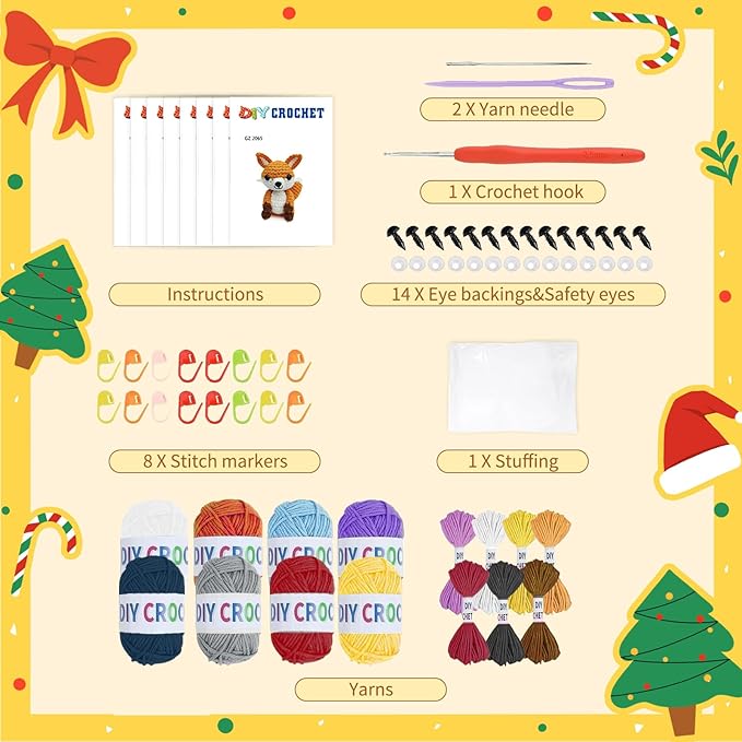 Ploomi 8Pcs Crochet Kit for Beginners - 2026 ChristmasKnitting Kit for Adults and Kids Beginners -Woobles Crochet Kit and Crochet Animals Kits with Easy Peasy Yarn and Step-by-Step Video Tutorials