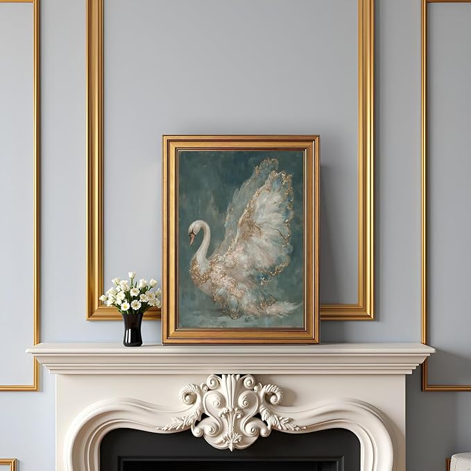 okudolit Gold Framed Vintage Swan Canvas Wall Art Print Luxury Animal Oil Painting Graceful Bird Artwork Picture Baroque Wall Decor for Living Room Bedroom and Office 12"x16"