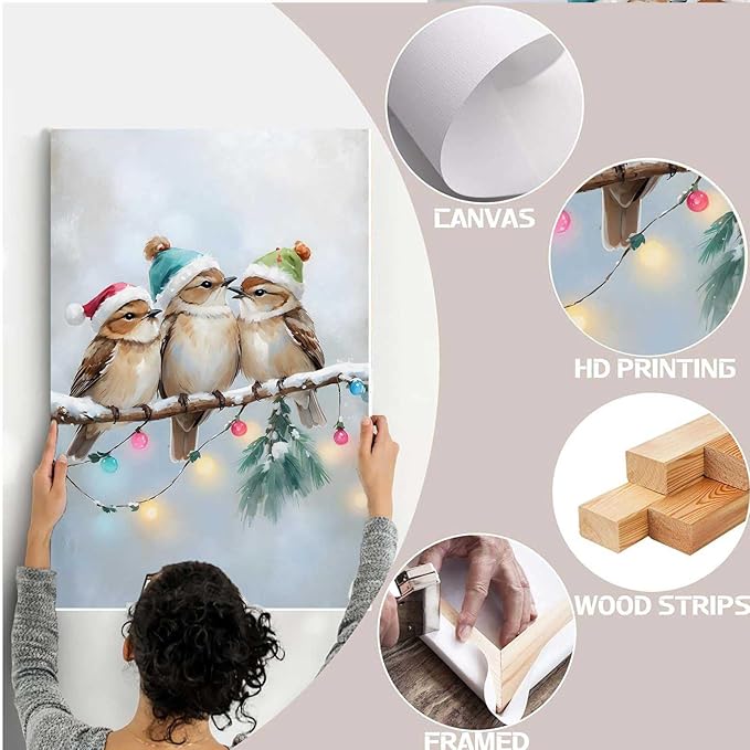 Framed Canvas Wall Art Christmas Birds Winter Art Print Wall Art Holiday Poster Trendy Christmas Decor 16x24in Wood Framed